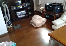 埼玉県久喜市の競売物件でプリンターや収納家具が残るリビングの片付け前状況