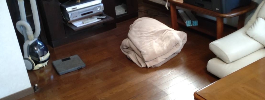 埼玉県久喜市の競売物件でプリンターや収納家具が残るリビングの片付け前状況